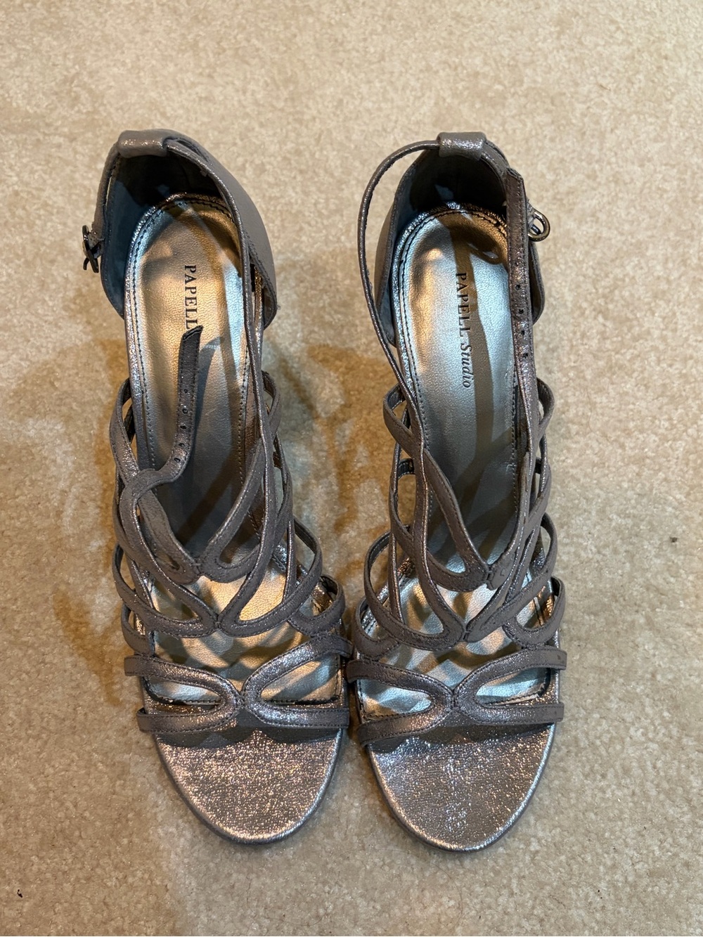 Papell Metallic Gray Glitter Strappy Heels